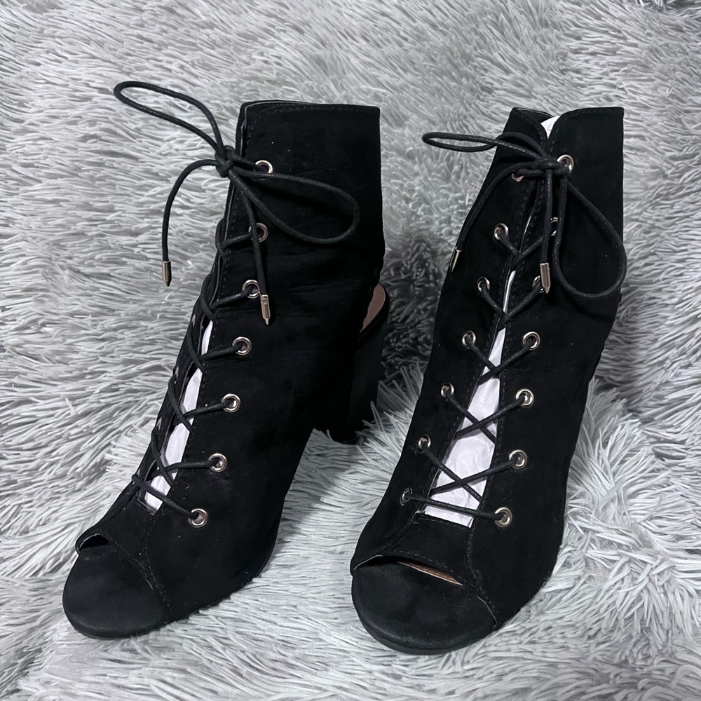 Wild Diva Black Lace-Up Open Toe Booties